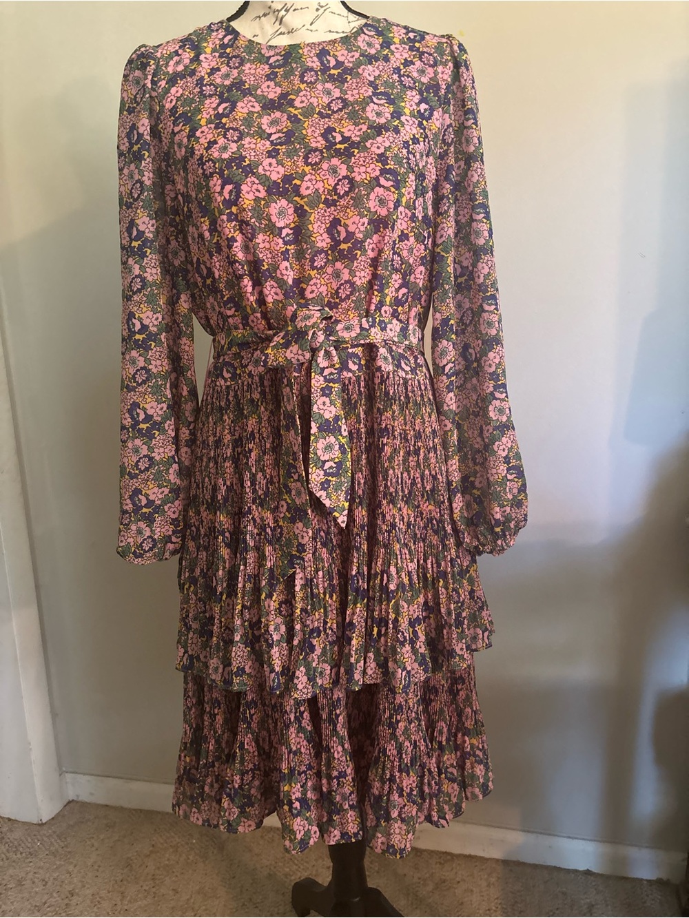 Boden Pink Floral Long-Sleeve Tiered Midi Dress